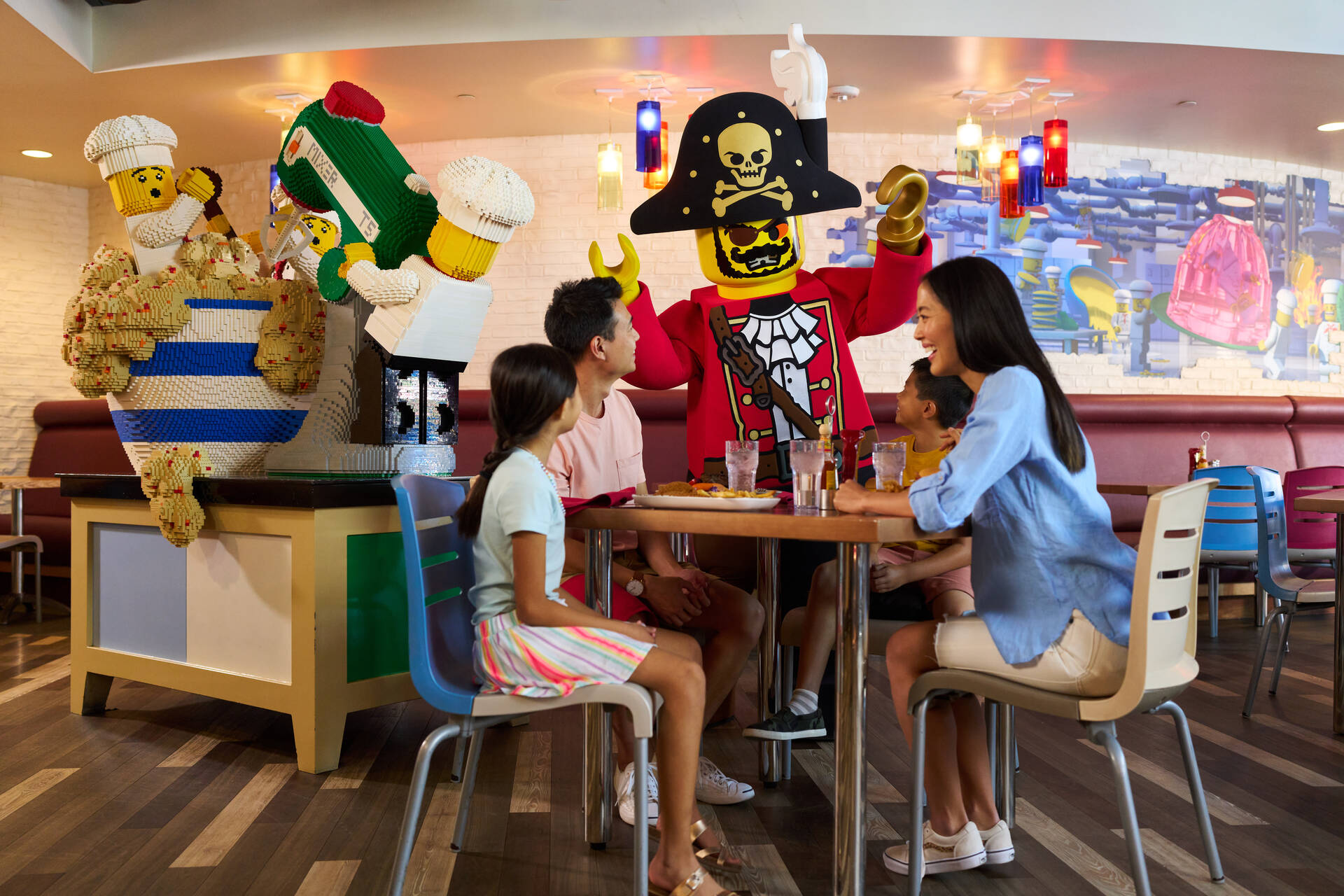 Family Eats at Brick's Family Restaurant with a LEGO Pirate Character 
