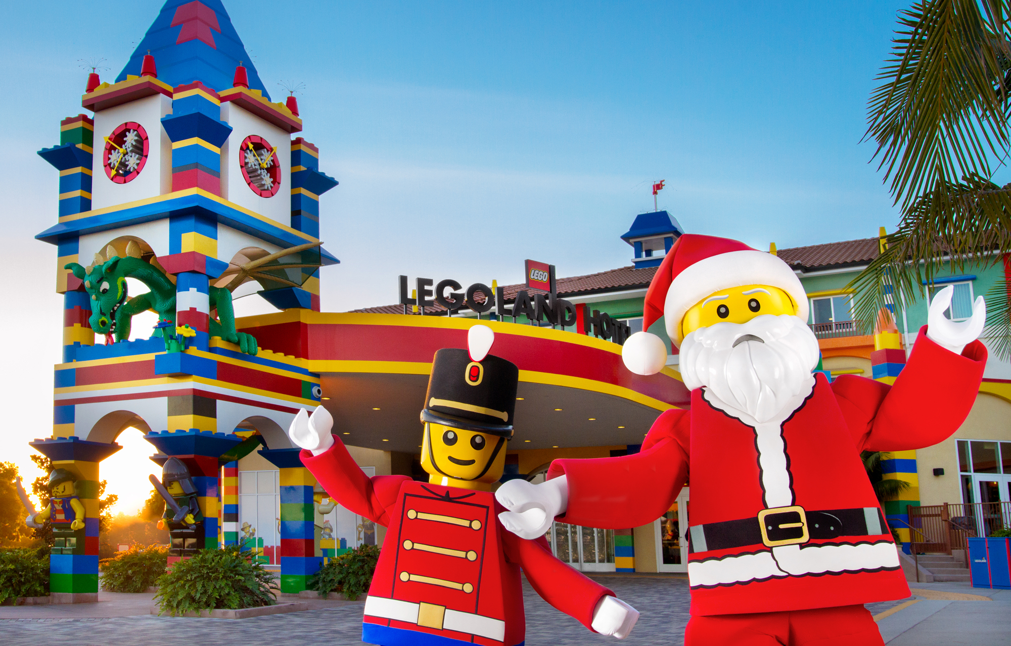 LEGO Santa and Drummer in front of the LEGOLAND Hotel