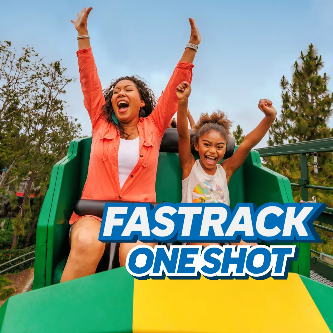 Fastrack One Shot - Mom and child riding the Dragon roller coaster with their hands up