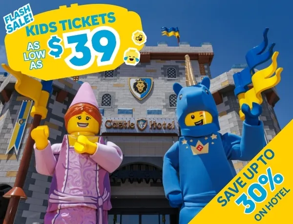 Minifigure characters outside LEGOLAND Castle Hotel