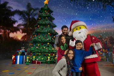 Guests with Minifigure Santa in front of LEGO tree at LEGOLAND California