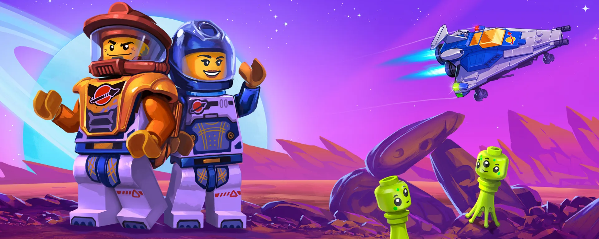 Astronaut Space Minifigures on planet with green lego aliens