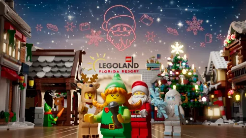 Christmas Brictacular image featuring LEGO Santa and characters at LEGOLAND Florida Resort