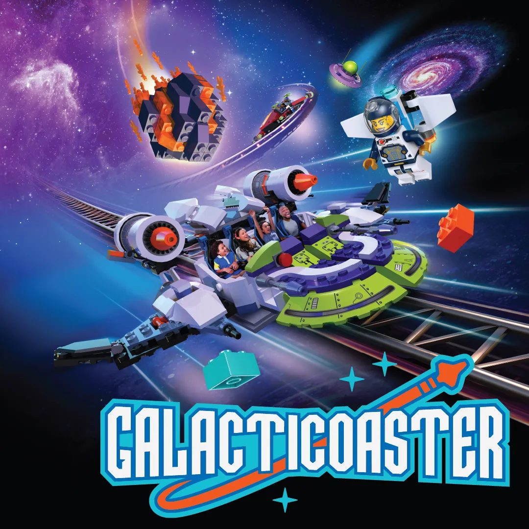 Generated image of a family of four riding a space themed roller coaster