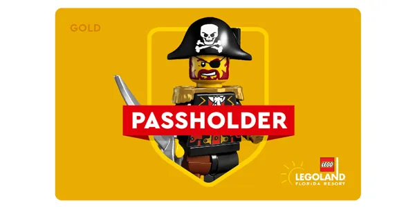A passholder card image of a LEGO pirate representing the LEGOLAND Florida Resort Gold Annual Pass