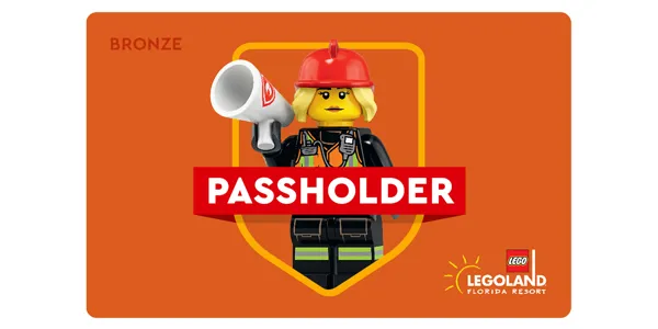 A passholder card image of a LEGO firefighter representing the LEGOLAND Florida Resort Bronze Annual Pass