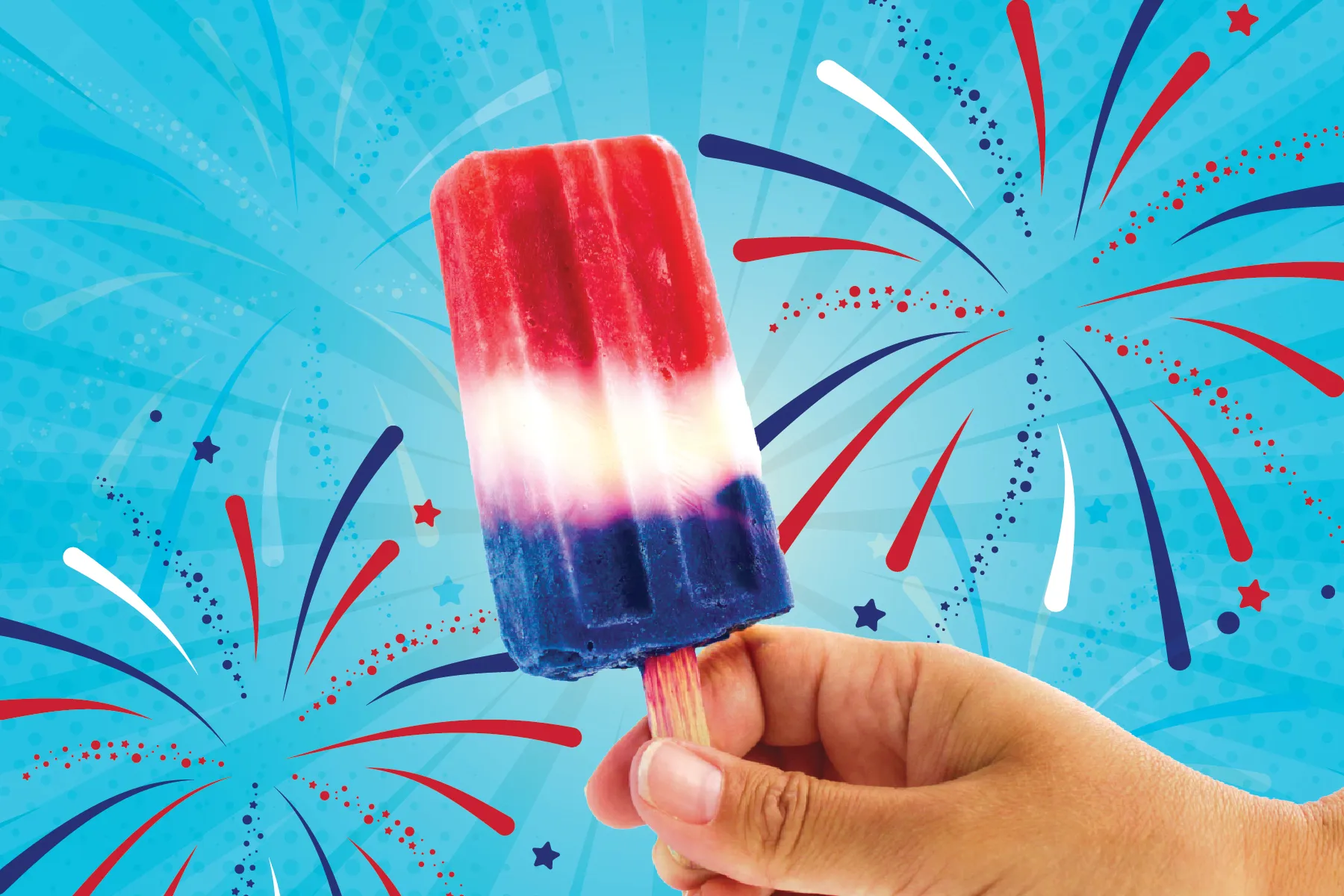 A photo of the limited time July 4th frozen treat: a red, white and blue popsicle.