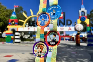 Pop Badges on Lanyard in front of LEGOLAND Florida