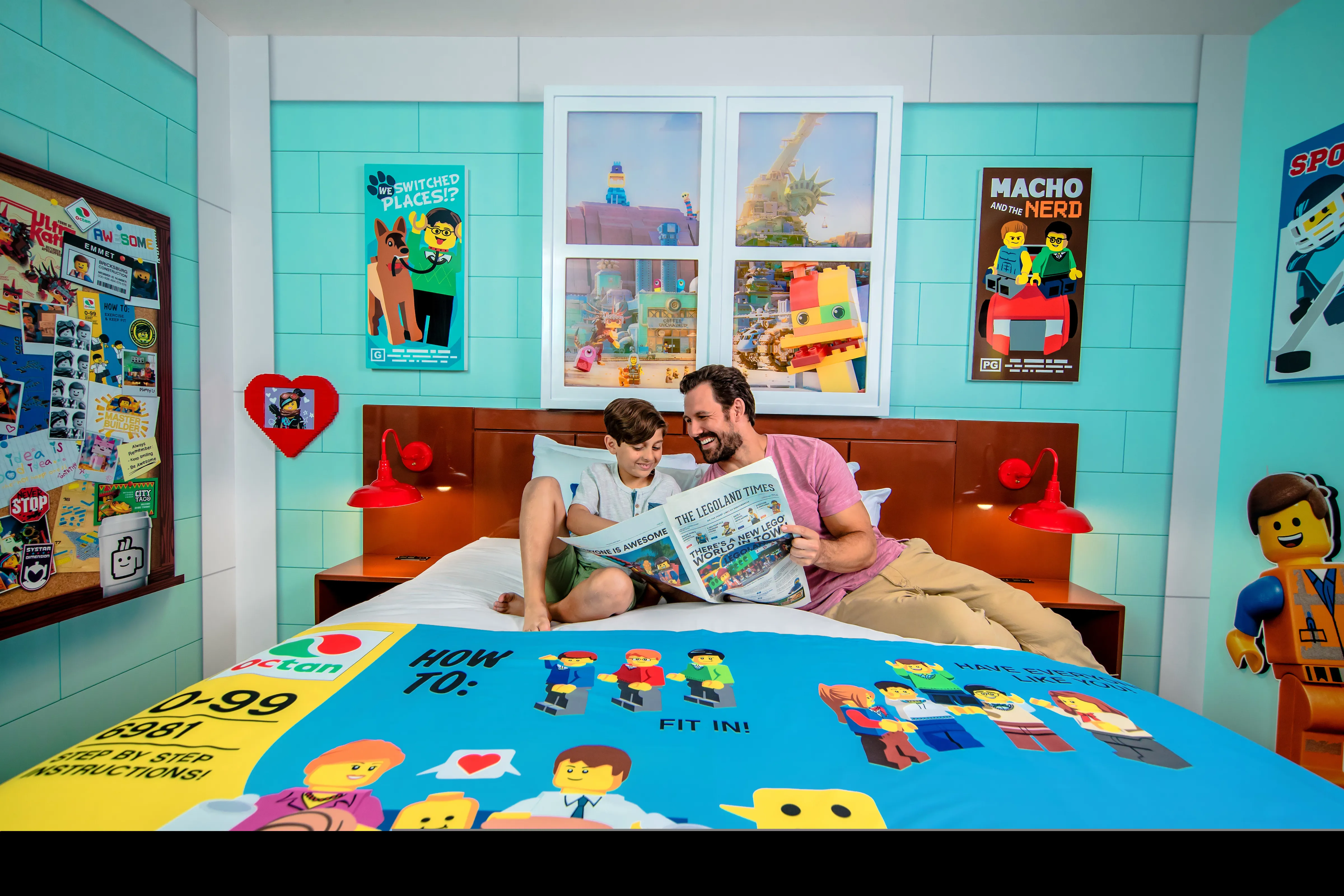 Family relaxing in a LEGO MOVIE WORLD themed hotel room