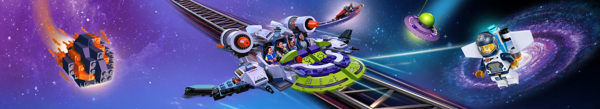 A LEGO® space-themed roller coaster zooms through a colorful galaxy with riders onboard, surrounded by LEGO aliens, spaceships, and a flying astronaut minifigure. Promotional artwork for the “Galacticoaster” ride at LEGOLAND® Florida Resort.
