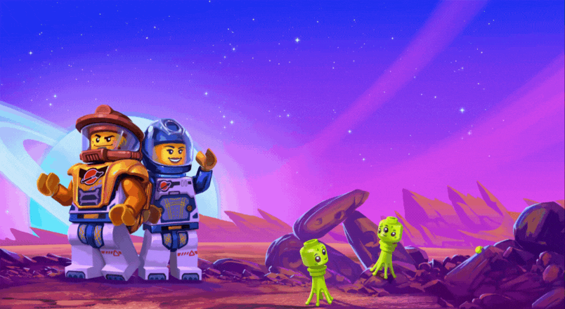 A GIF two LEGO Astronauts on a planet with three small LEGO Aliens  with a rocket flying past in the background