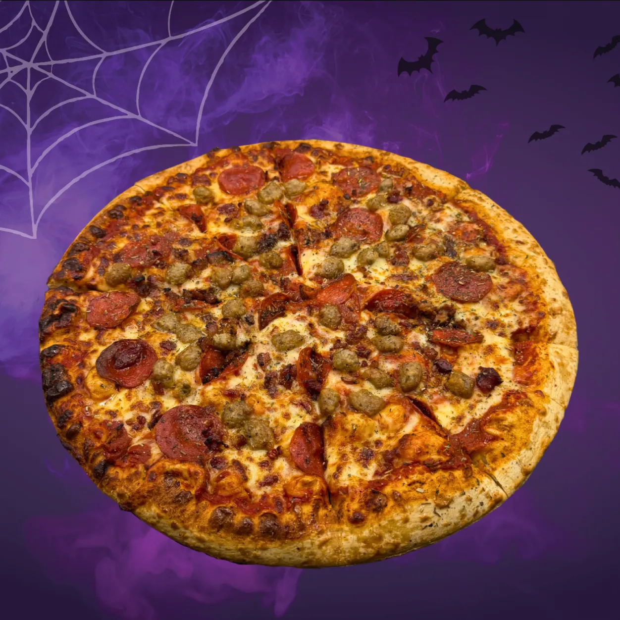 A Pizza With Bats And Spider