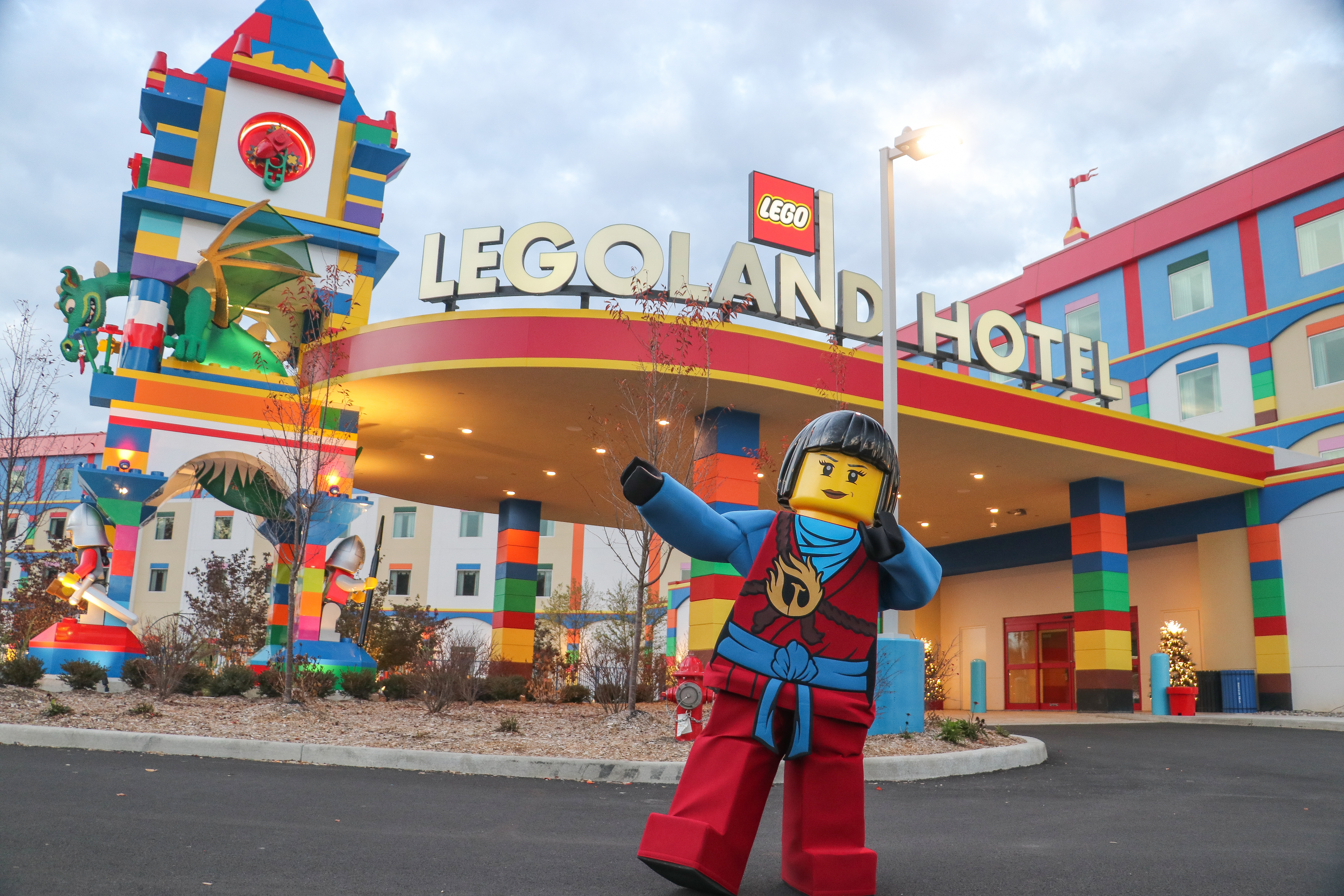 Lego Character outside hotel
