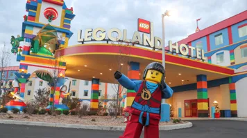 Lego Character outside hotel